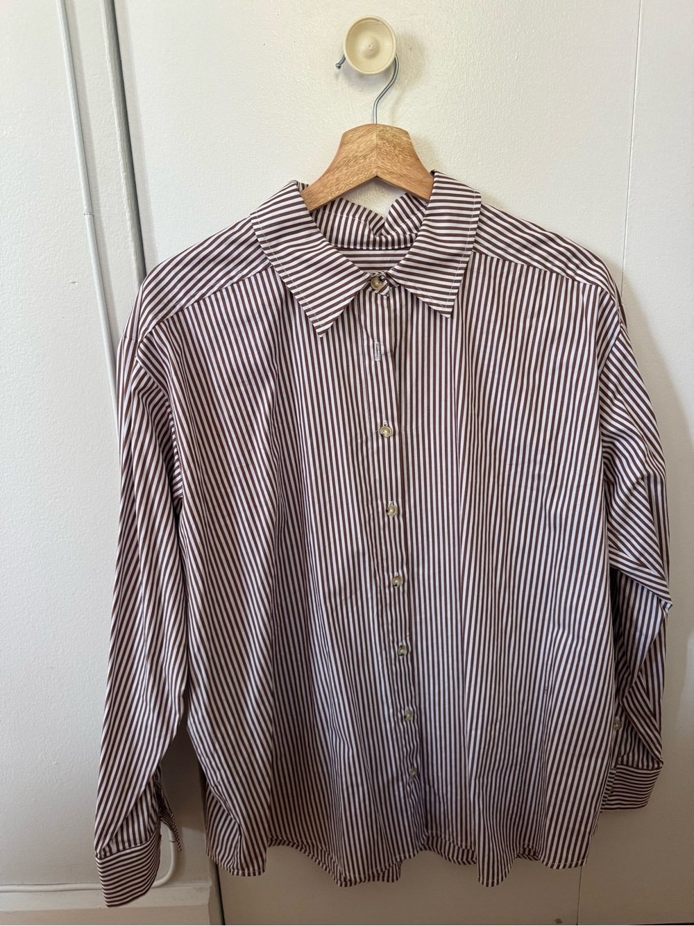 DONNI. Brown and White Vertical Stripe Button-Down Shirt